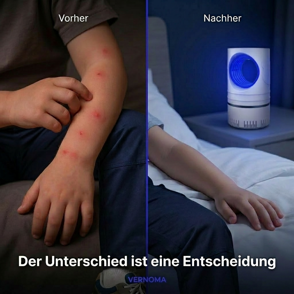 Vorher-Nachher Vergleich mit QuitMos Pro Mückenlampe zur Reduzierung von Mückenstichen im Schlafzimmer